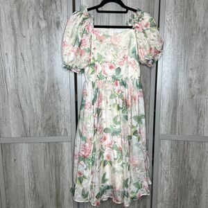 Ivy City Co Dress Size XS Knee Length Puff Sleeve Roses Romantic Chiffon